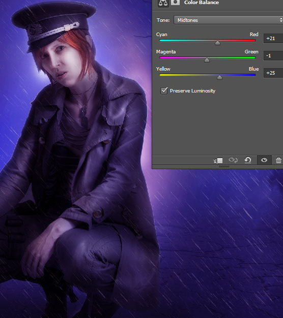 Create a complex Photoshop manipulation of a soldier girl standing in the rain 36